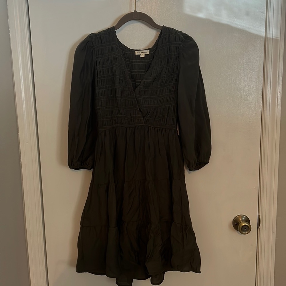 Olive Green Smocked Ruffle Sleeve Dress